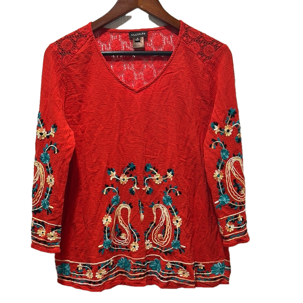MULTIPLES Red Women's Top with Embroidered Details size M GUC